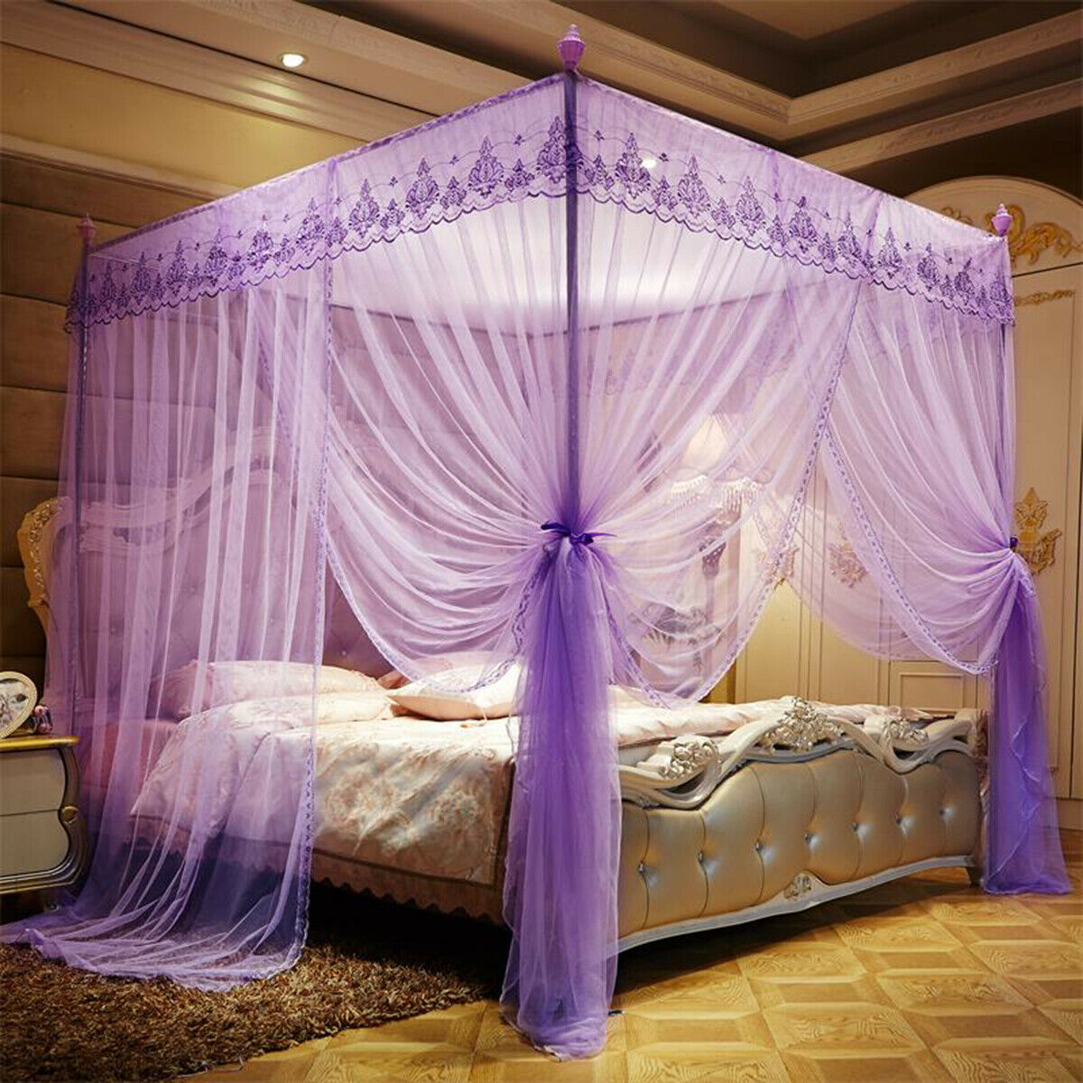 Large Princess 4 Corner Bed Square Mosquito Net Fly Insect Protect